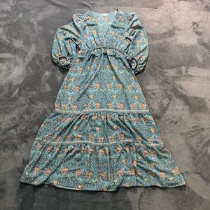 Max Studio Teal Boho Floral Maxi Dress Sz M